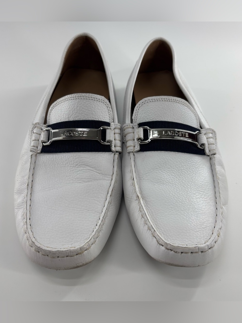 Lacoste Ansted Leather Driving Loafers white navy 10.5 moc toe slip on